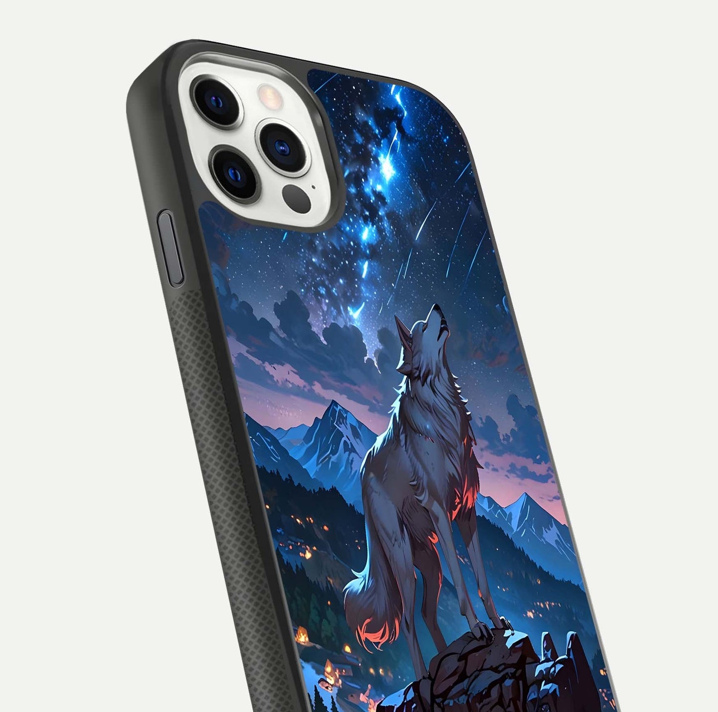 Celestial Wolf Howl Glass Case for iPhone 11 Pro dual-view layout displaying night tones and protective glass edges