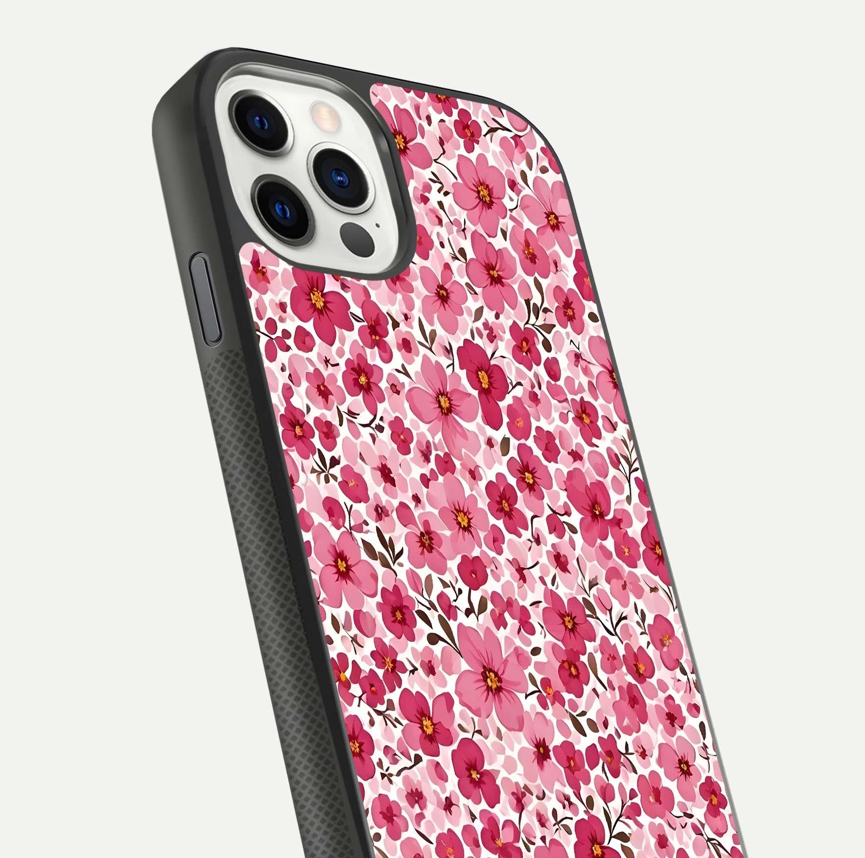 Cherry Blossom Charm Glass Case for iPhone 11 Pro dual-view layout showing elegant floral balance and HD gloss