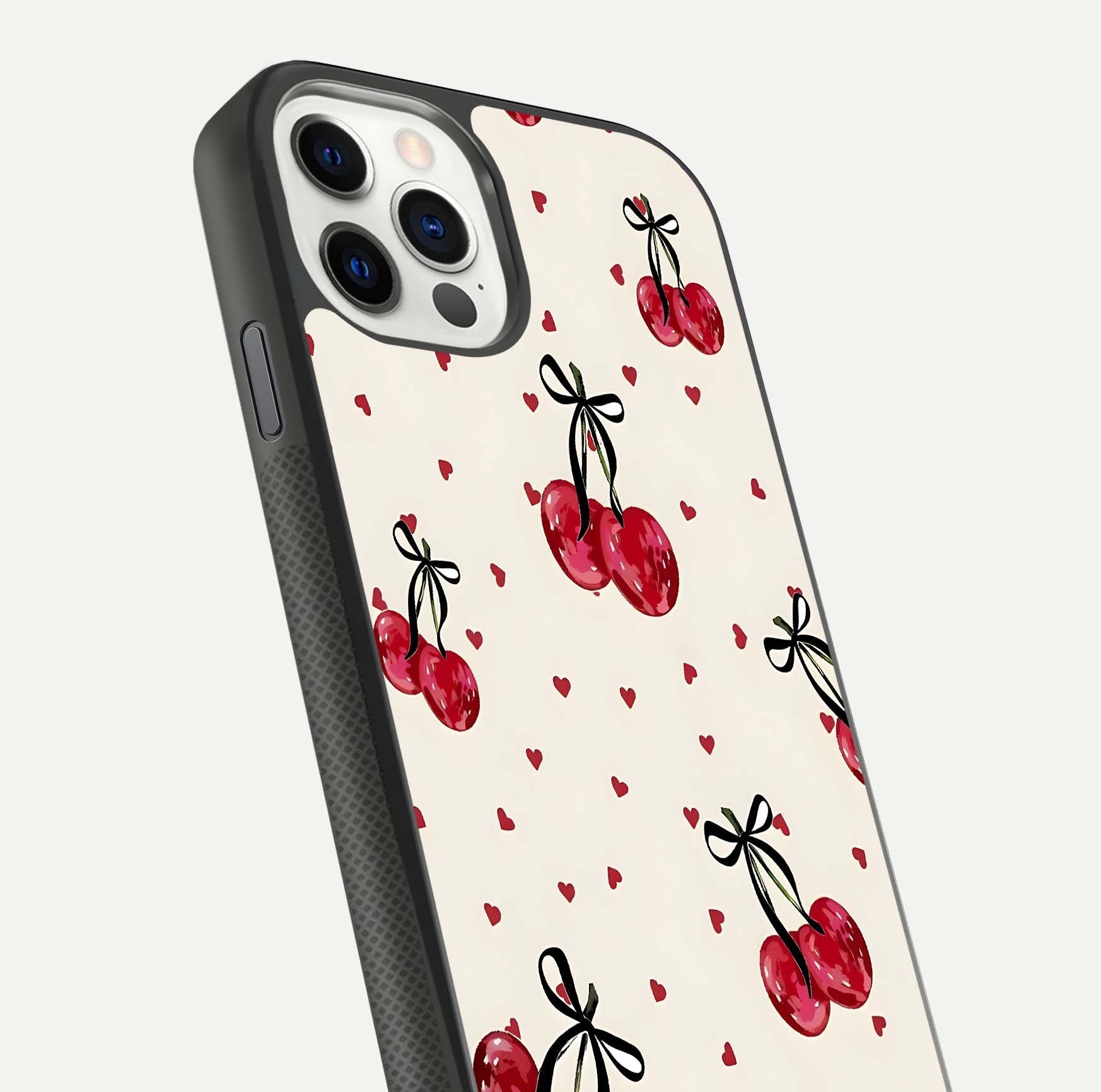 Cherry Heart Bow Glass Case for iPhone 11 Pro front-and-back view showing design clarity and edge protection