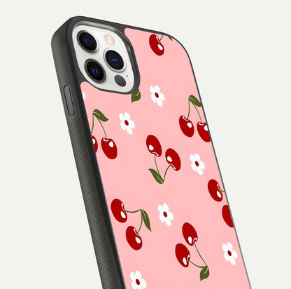 Cherry Love Mood Glass Case for iPhone 11 Pro dual-view layout showing design alignment and curved edges