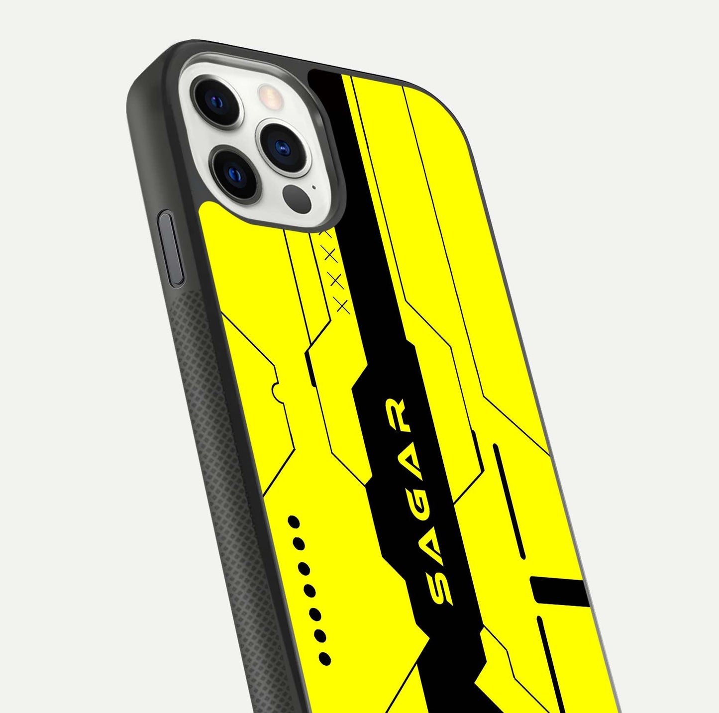 Circuit CYBERPUNK Custom Name Glass Case for iPhone 11 Pro dual-view layout showing bold tech art and edge clarity