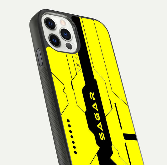 Circuit CYBERPUNK Custom Name Glass Case for iPhone 11 Pro dual-view layout showing bold tech art and edge clarity
