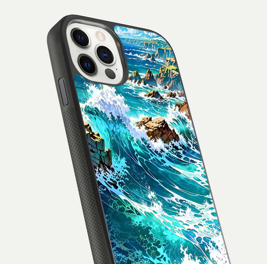 Coastal Blue Waves Glass Case for iPhone 11 Pro dual-view layout displaying sea tones and curved finish