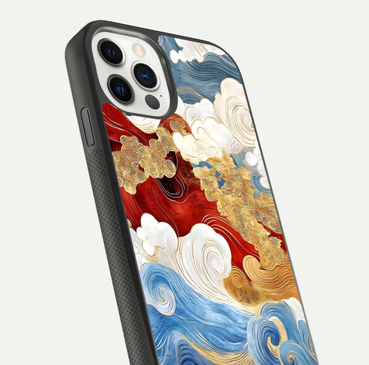 Colored Waves Glass Case for iPhone 11 Pro front & back layout showing smooth edges and vivid print tones