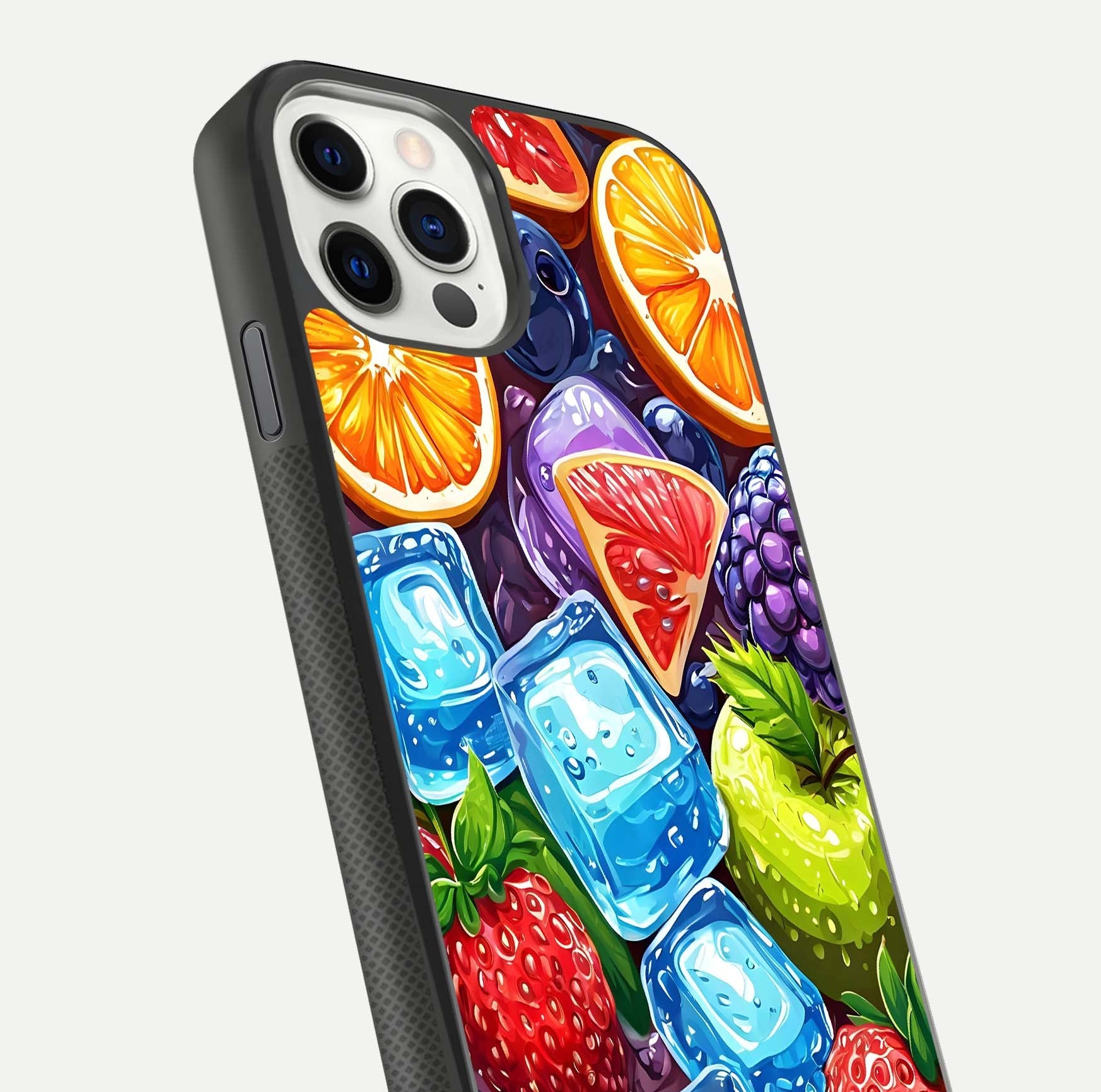 Colorful Fruits with Ice Glass Case for iPhone 11 Pro dual-view layout showing fresh tones and polished edges