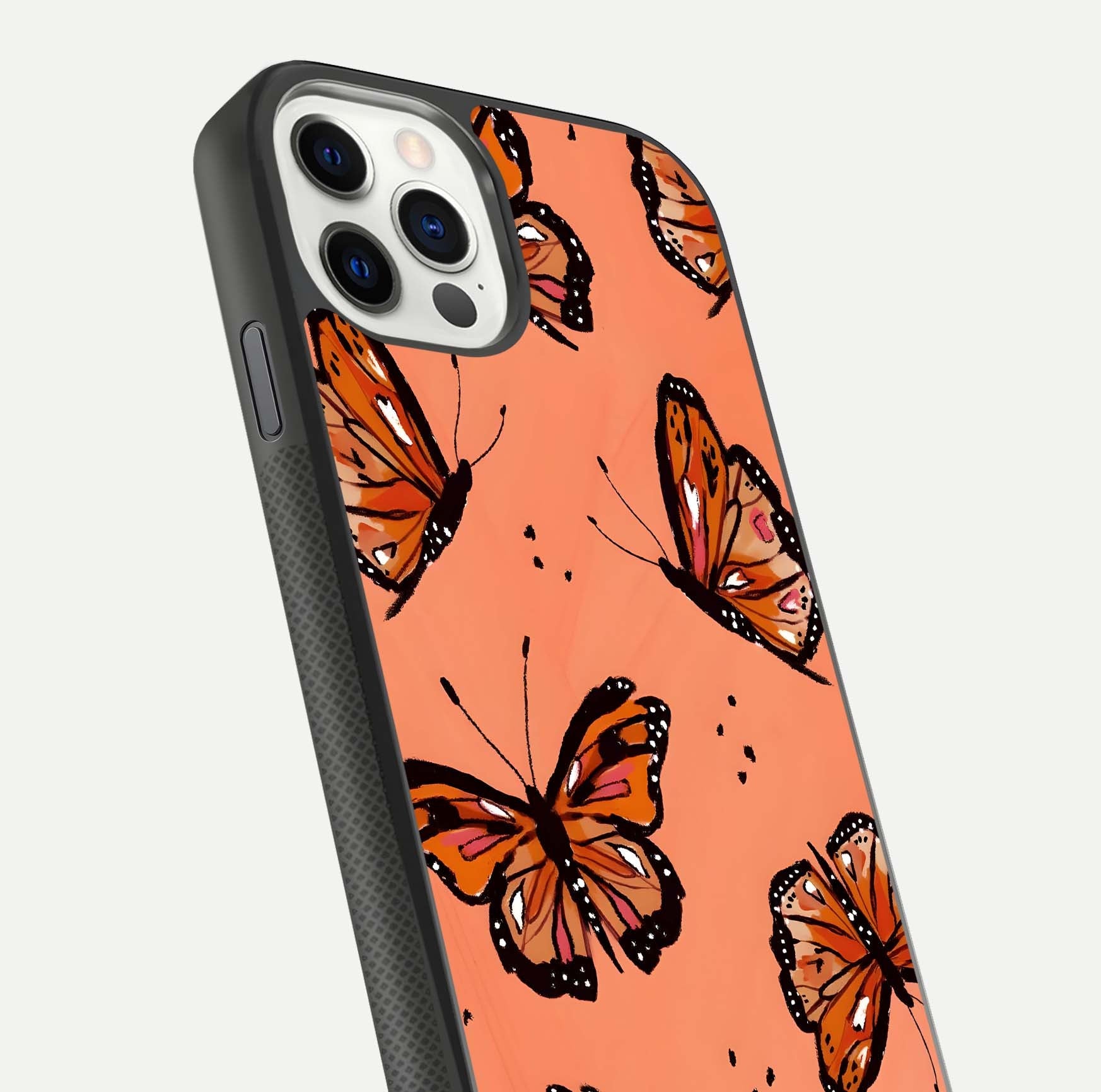 Coral Wing Butterfly Glass Case for iPhone 11 Pro dual-view layout displaying soft floral tones and curved edges