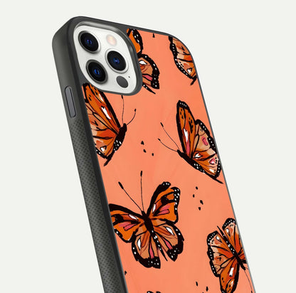 Coral Wing Butterfly Glass Case for iPhone 11 Pro dual-view layout displaying soft floral tones and curved edges