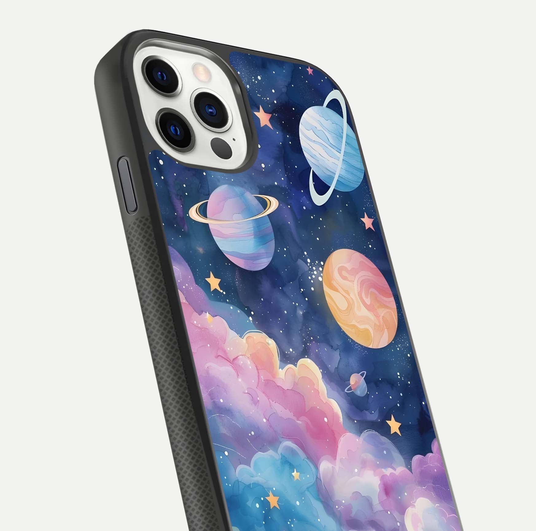 Cosmic Planet Dreams Glass Case for iPhone 11 Pro dual-view layout displaying galaxy colors and curved finish