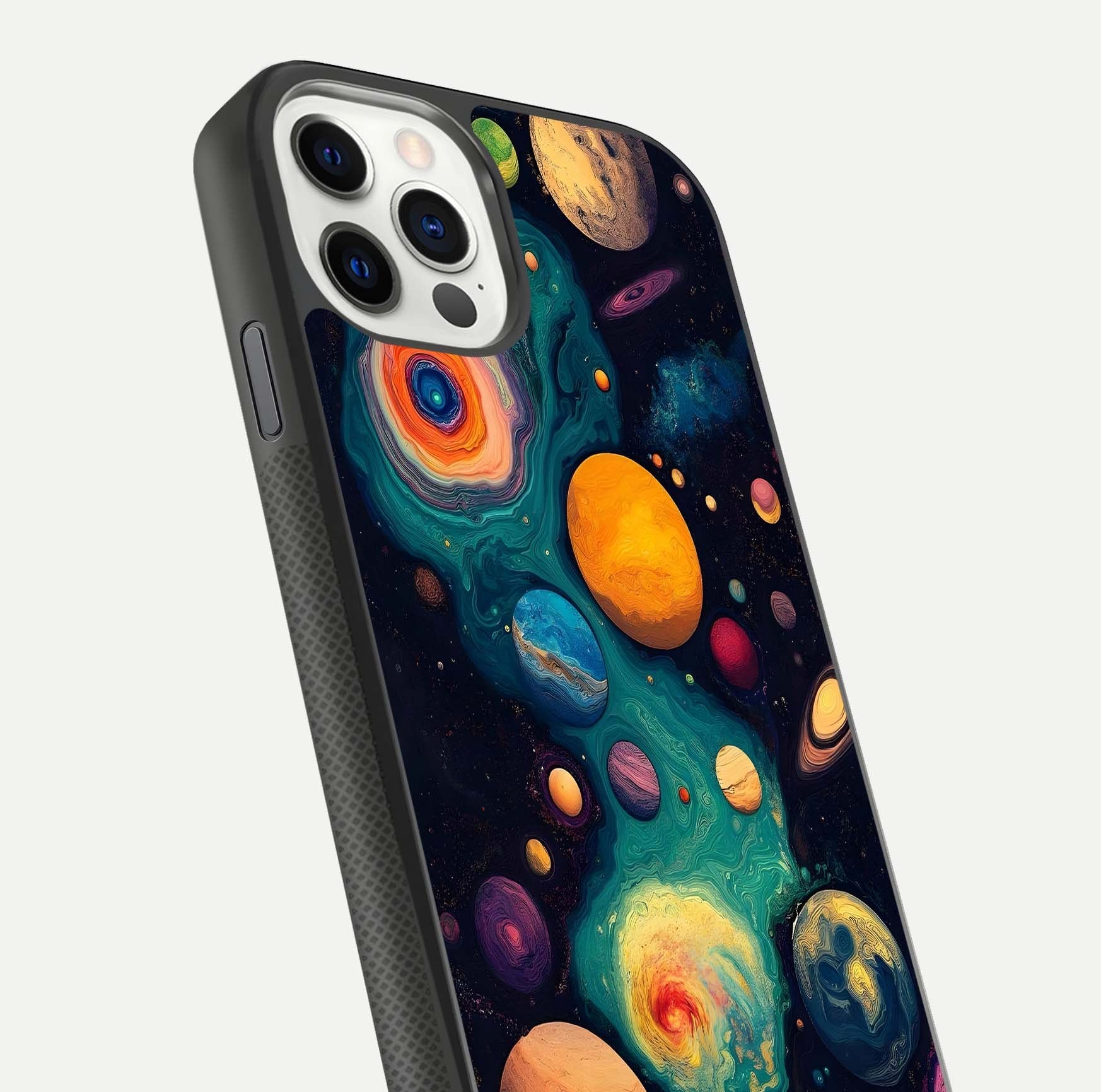 Cosmic Planet Journey Glass Case for iPhone 11 Pro dual-view layout displaying colorful cosmic balance