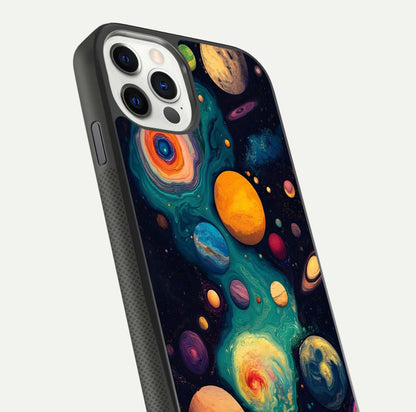 Cosmic Planet Journey Glass Case for iPhone 11 Pro dual-view layout displaying colorful cosmic balance