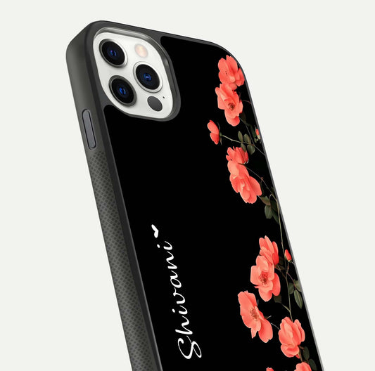 Crimson Bloom Grace Custom Name Glass Case for iPhone 11 Pro dual-view layout displaying custom text and smooth curved edges