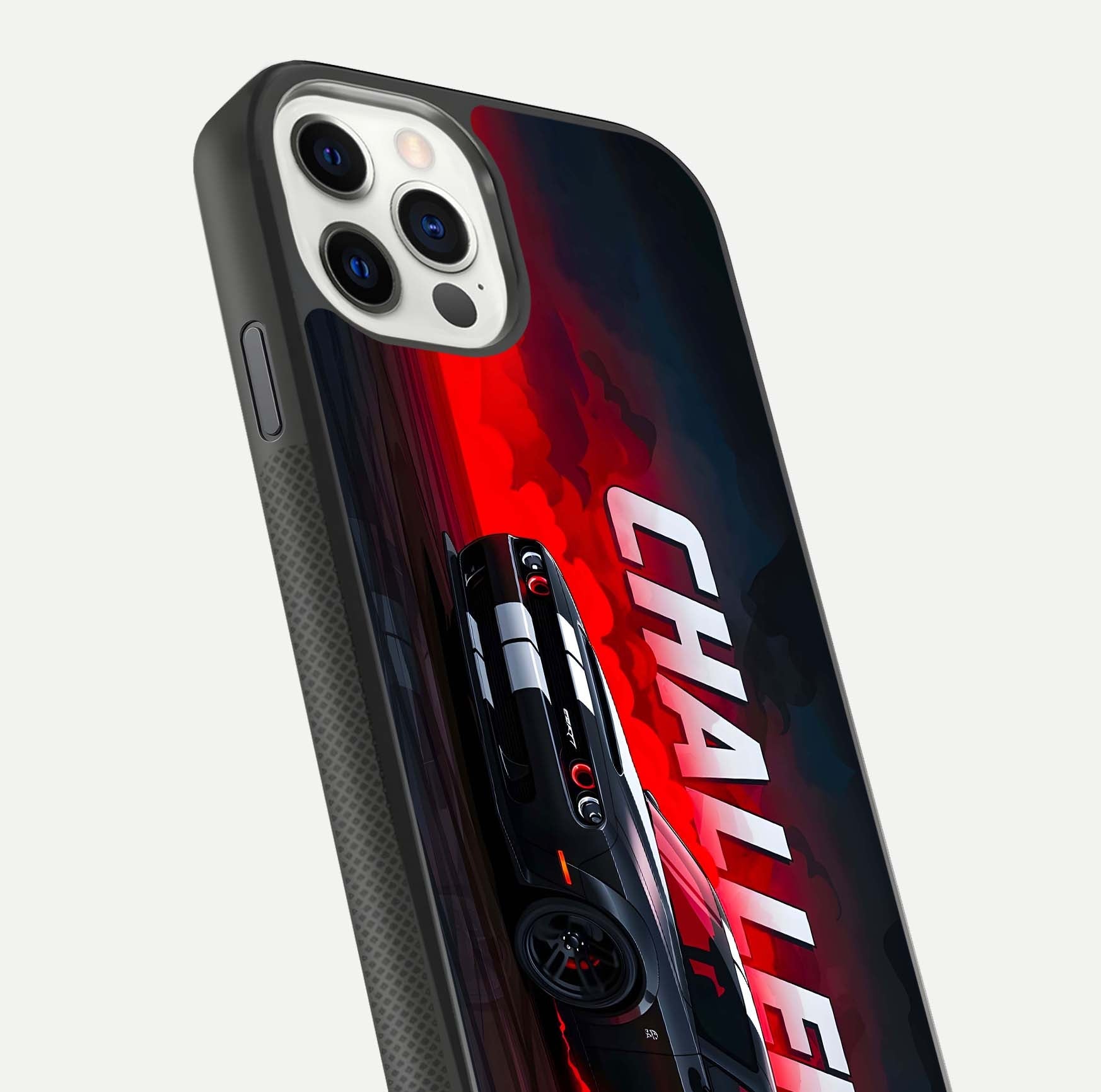Crimson Challenger Fury Glass Case for iPhone 11 Pro dual-view layout displaying bold tones and edge polish