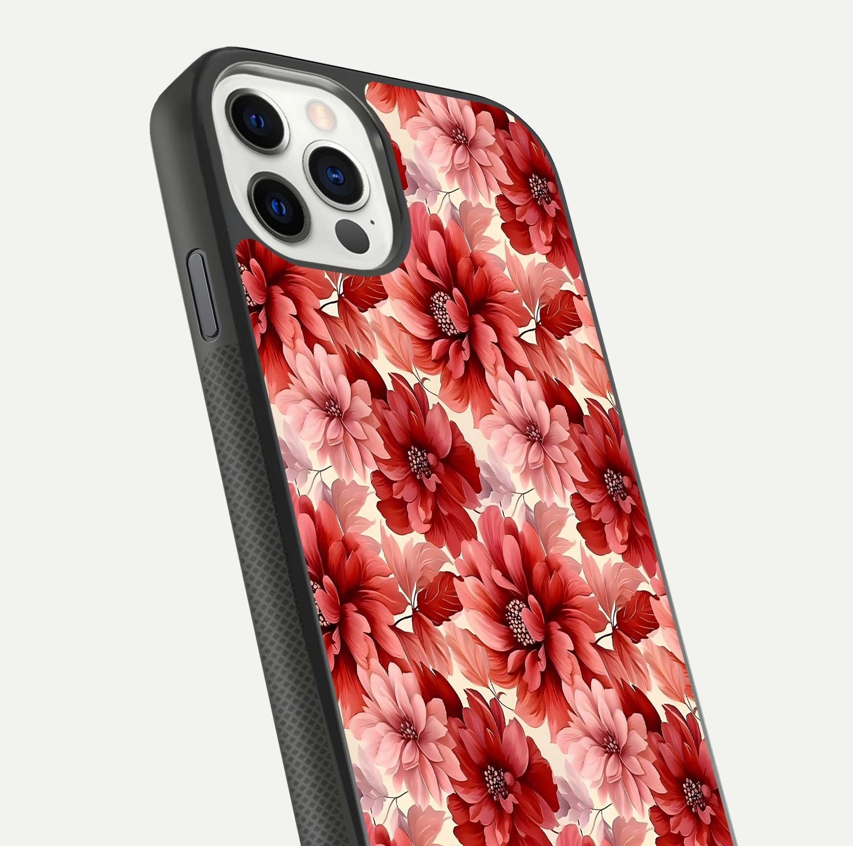 Crimson Love Petals Glass Case for iPhone 11 Pro dual-view layout displaying floral charm and curved glass