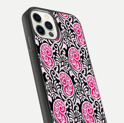 Crimson Paisley Charm Glass Case for iPhone 11 Pro dual-view layout displaying HD print and curved polish