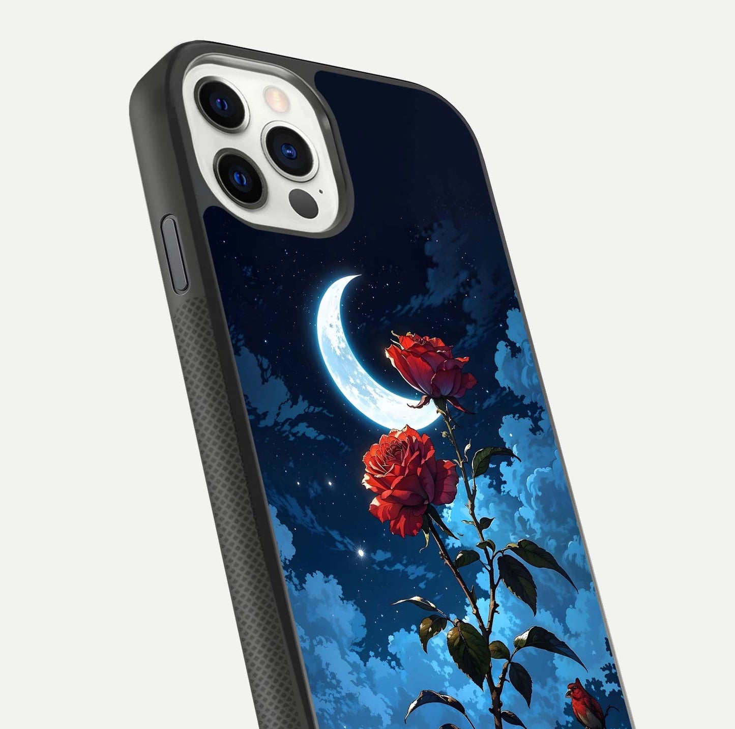 Crimson Rose Moon Glass Case for iPhone 11 Pro dual-view layout displaying red tones and soft gloss