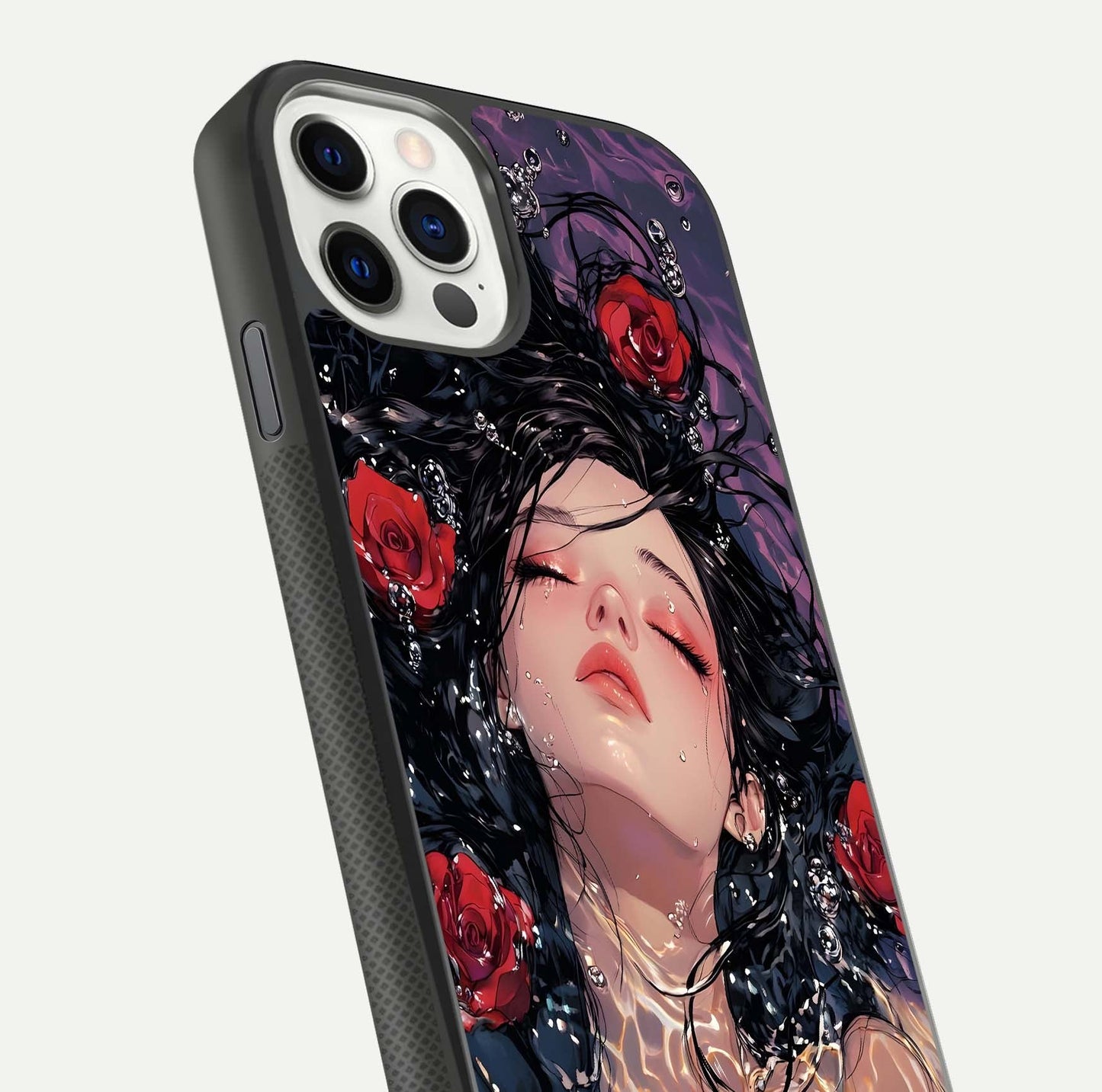 Crimson Rose Serenity Glass Case for iPhone 11 Pro dual-view layout displaying serenity tones and curved glass
