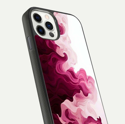 Crimson Wave Flow Glass Case for iPhone 11 Pro dual-view layout displaying curved wave art and polished surface