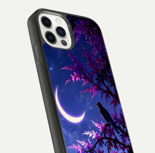 Crow & Moon Scenery Glass Case for iPhone 11 Pro dual-view layout displaying night sky art and curved glass edges