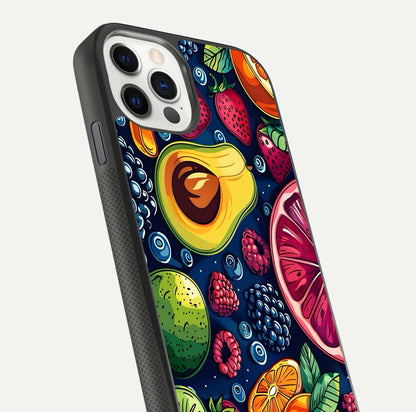 Cute Fruits Art Glass Case for iPhone 11 Pro dual-view layout displaying playful tones and curved design