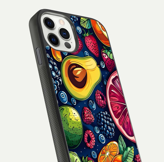 Cute Fruits Art Glass Case for iPhone 11 Pro dual-view layout displaying playful tones and curved design