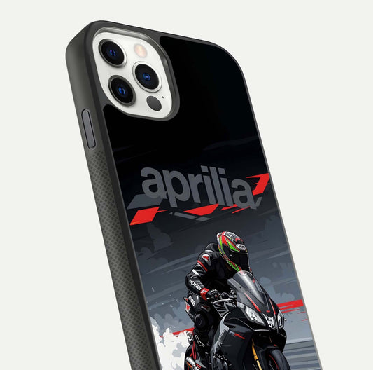 Dark Aprilla Glass Case for iPhone 11 Pro dual-view layout displaying sleek racing look and HD shine