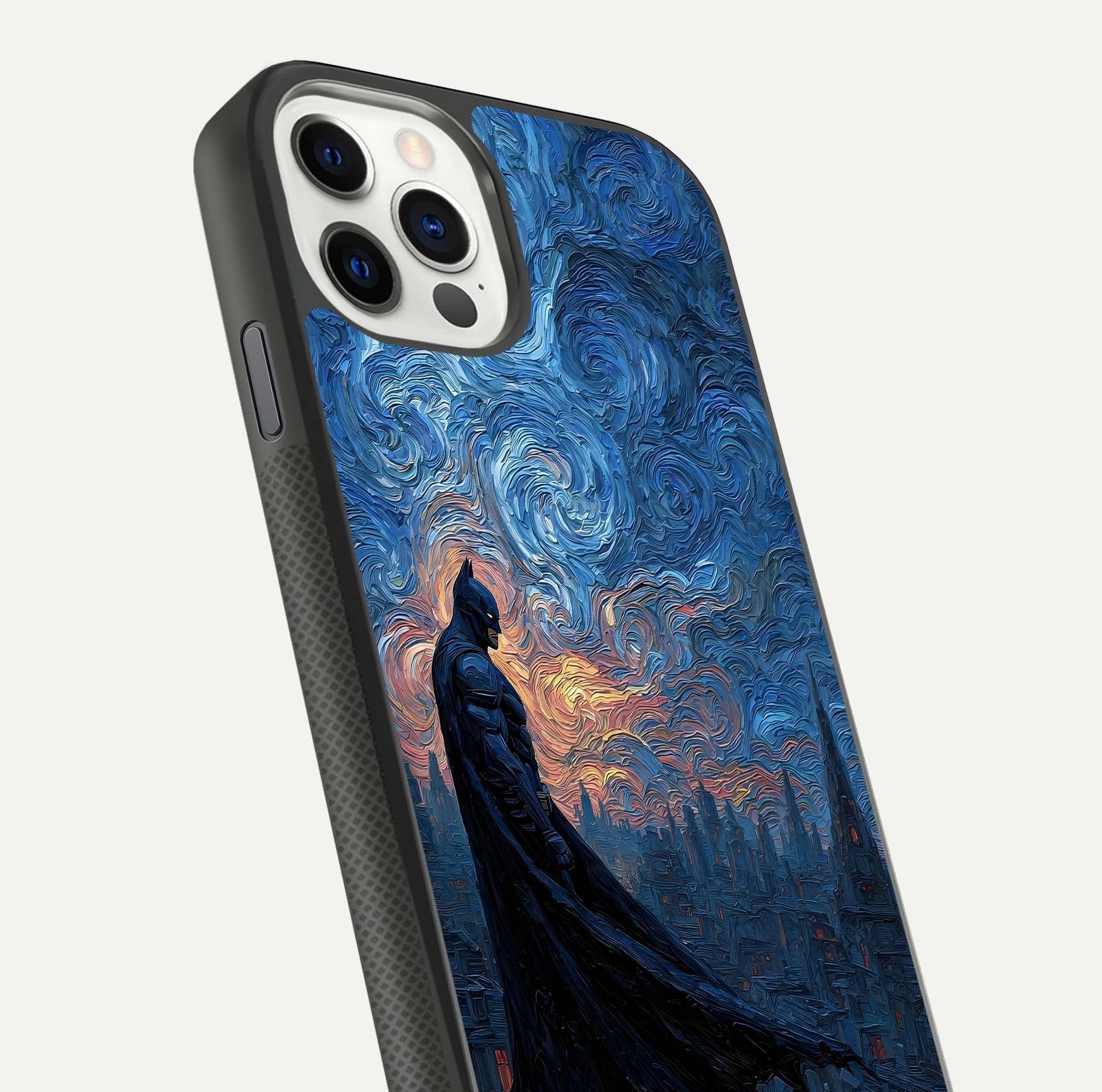 Dark Knight Dusk Glass Case for iPhone 11 Pro dual-view layout displaying HD hero print and curved glass edges