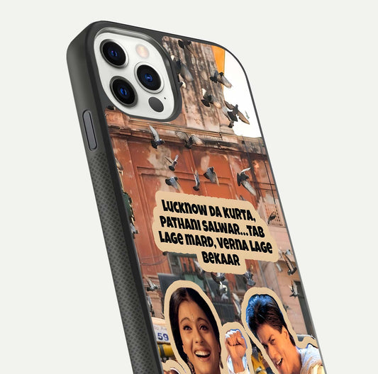 Desi Retro Vibes Glass Case for iPhone 11 Pro dual-view layout showing nostalgic design and smooth glass curve