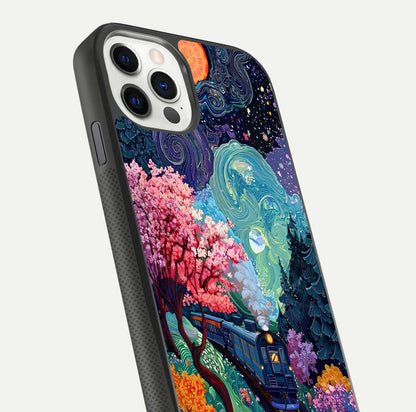 Digital Art Glass Case for iPhone 11 Pro dual-view layout displaying artistic tones and curved glass edge