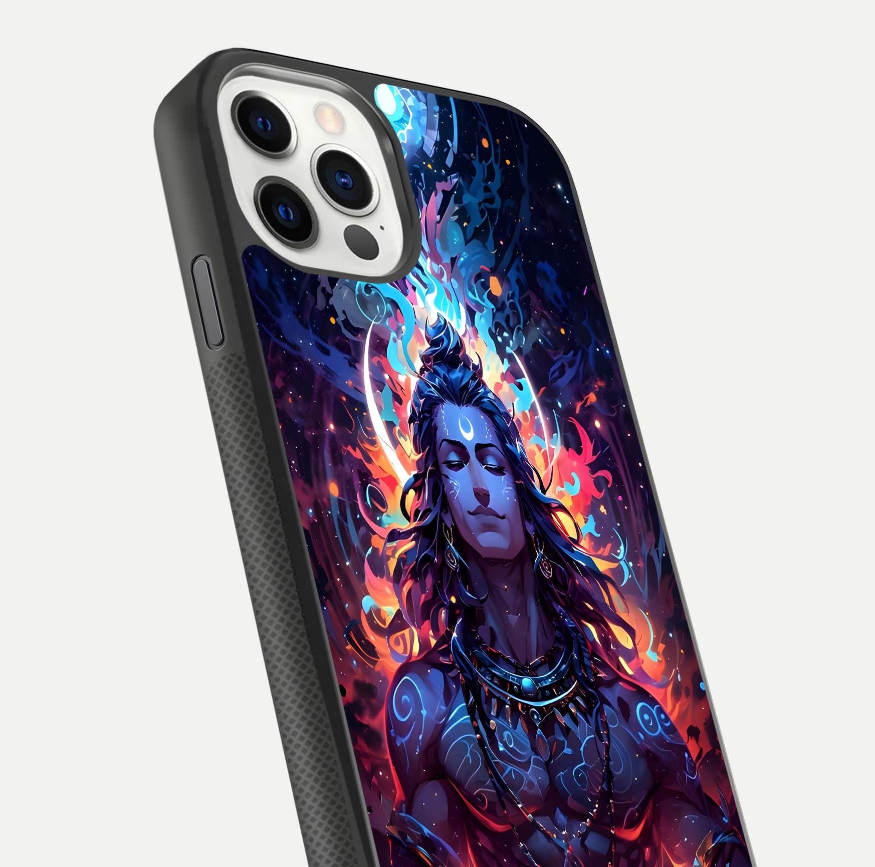 Divine Fire Shiv Glass Case for iPhone 11 Pro dual-view layout displaying HD deity print and curved edges