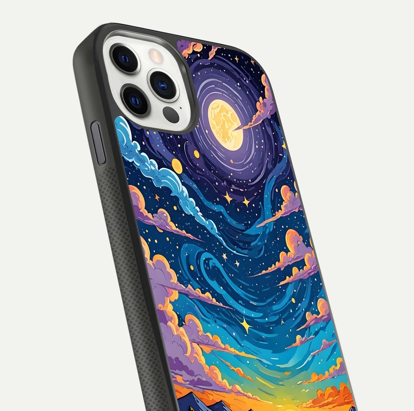 Dreamy Night Landscape Glass Case for iPhone 11 Pro dual-view layout displaying HD print and curved glass edges