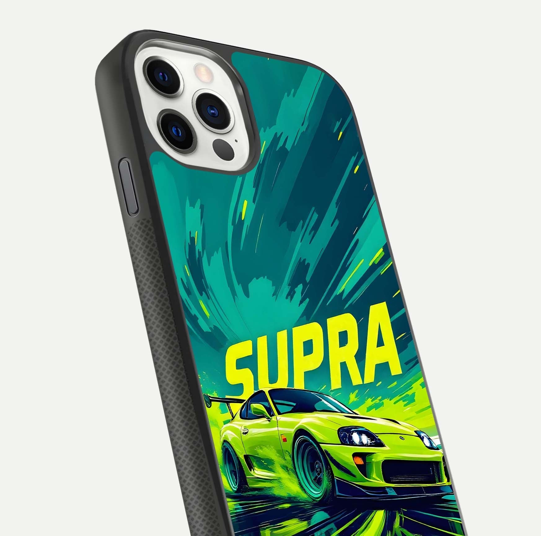 Electric Supra Thunder Glass Case for iPhone 11 Pro dual-view layout displaying dynamic motion art and curved finish