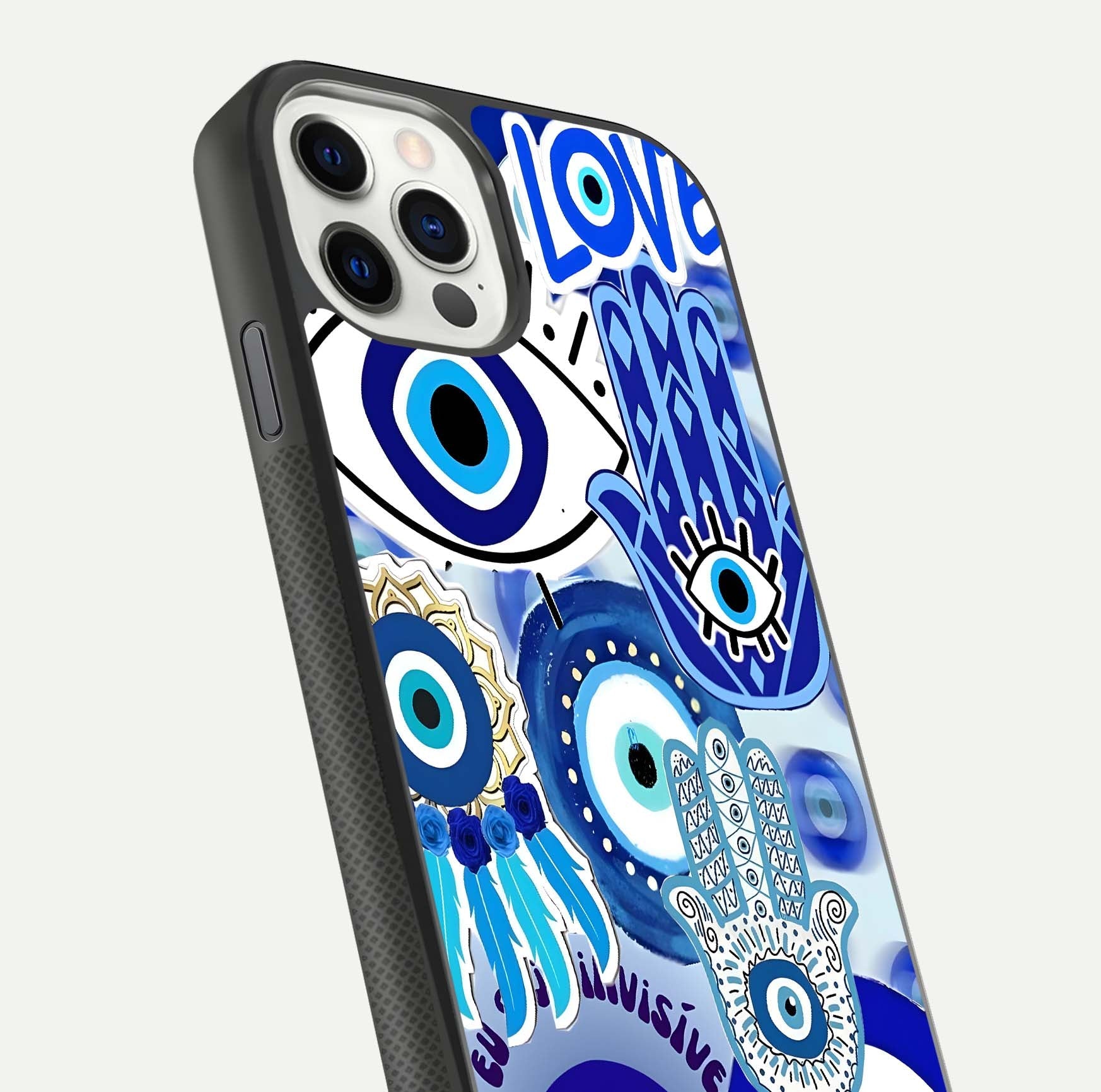 Evil Eyes Dream Glass Case for iPhone 11 Pro dual-view layout displaying spiritual motif and polished curved edge