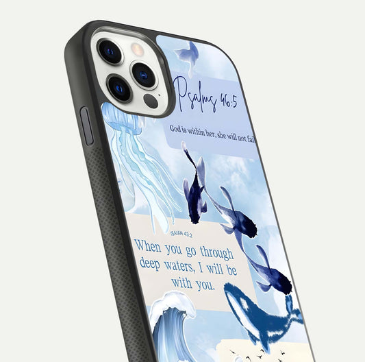 Faithful Ocean Promise Glass Case for iPhone 11 Pro dual-view layout showing sea horizon art and curved polish