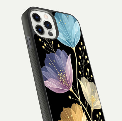 Flower Bloom Glow Glass Case for iPhone 11 Pro dual-view layout displaying petal tones and curved glass edge