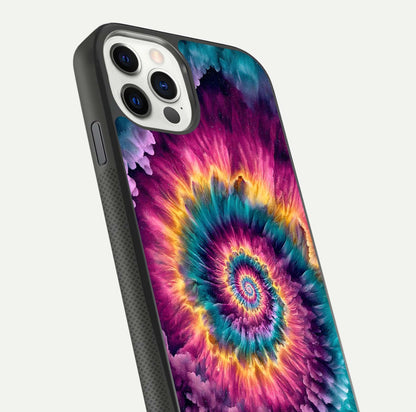 Galactic Spiral Burst Glass Case for iPhone 11 Pro front and back view layout highlighting cosmic swirl and curved edges