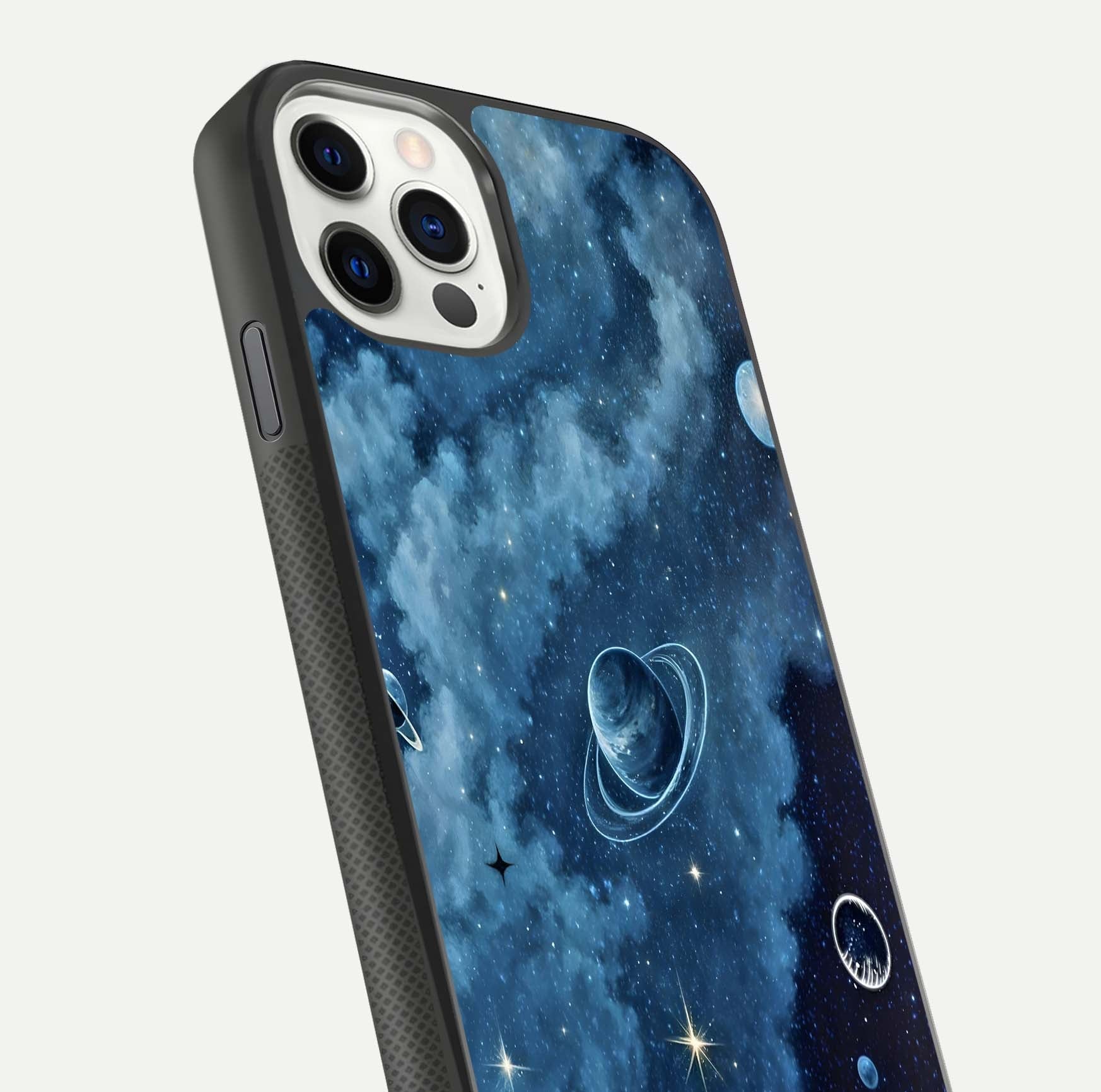 Galaxy Dream Space Glass Case for iPhone 11 Pro front and back view layout showing deep-space tones and curved edges
