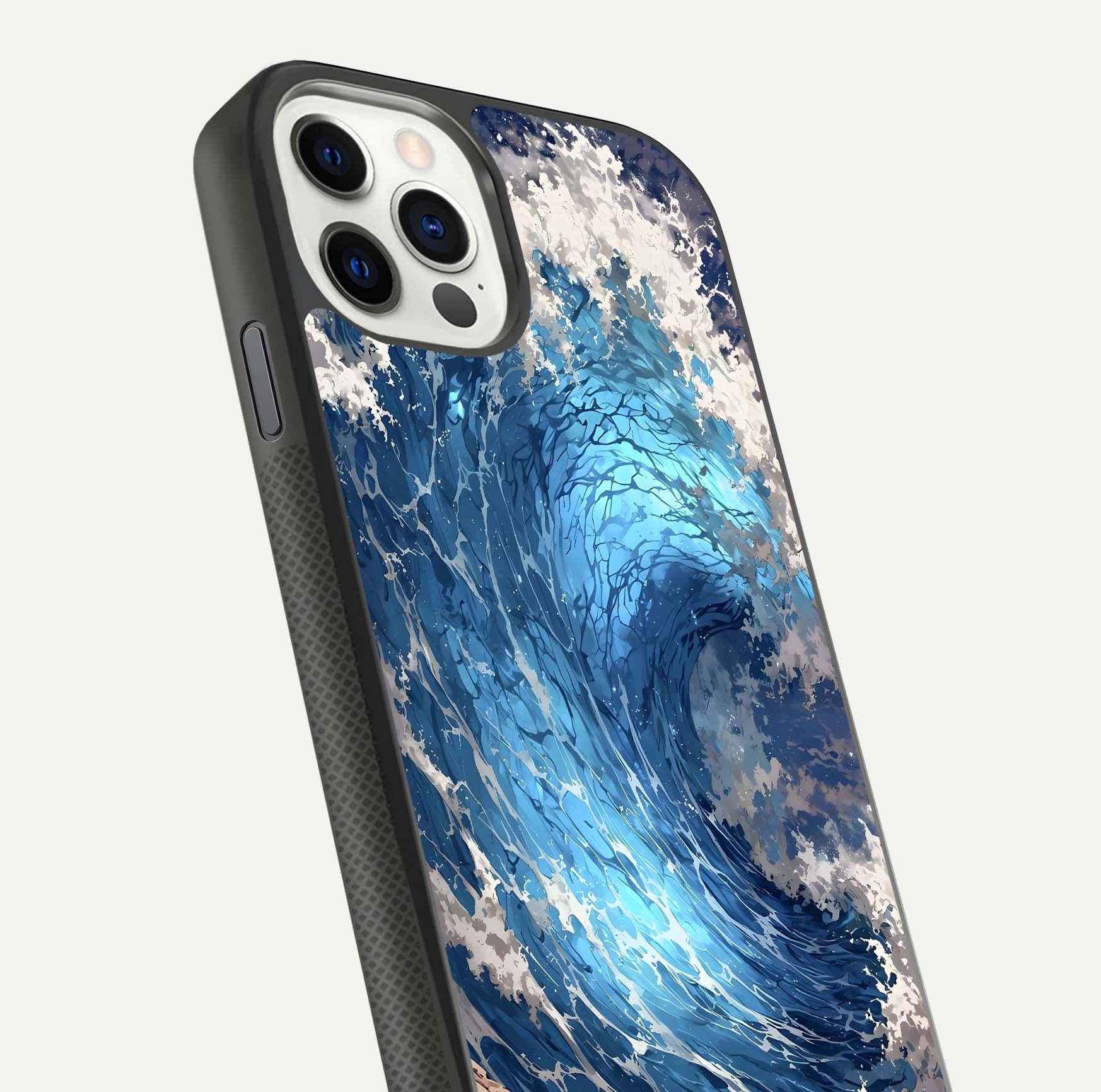 Giant Ocean Wave Glass Case for iPhone 11 Pro front and back view layout displaying sea tones and smooth curved edges