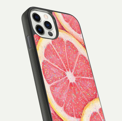 Glitter Grapefruit Glass Case for iPhone 11 Pro front and back view layout highlighting citrus hues and smooth glass