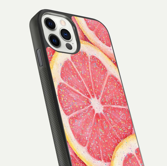 Glitter Grapefruit Glass Case for iPhone 11 Pro front and back view layout highlighting citrus hues and smooth glass