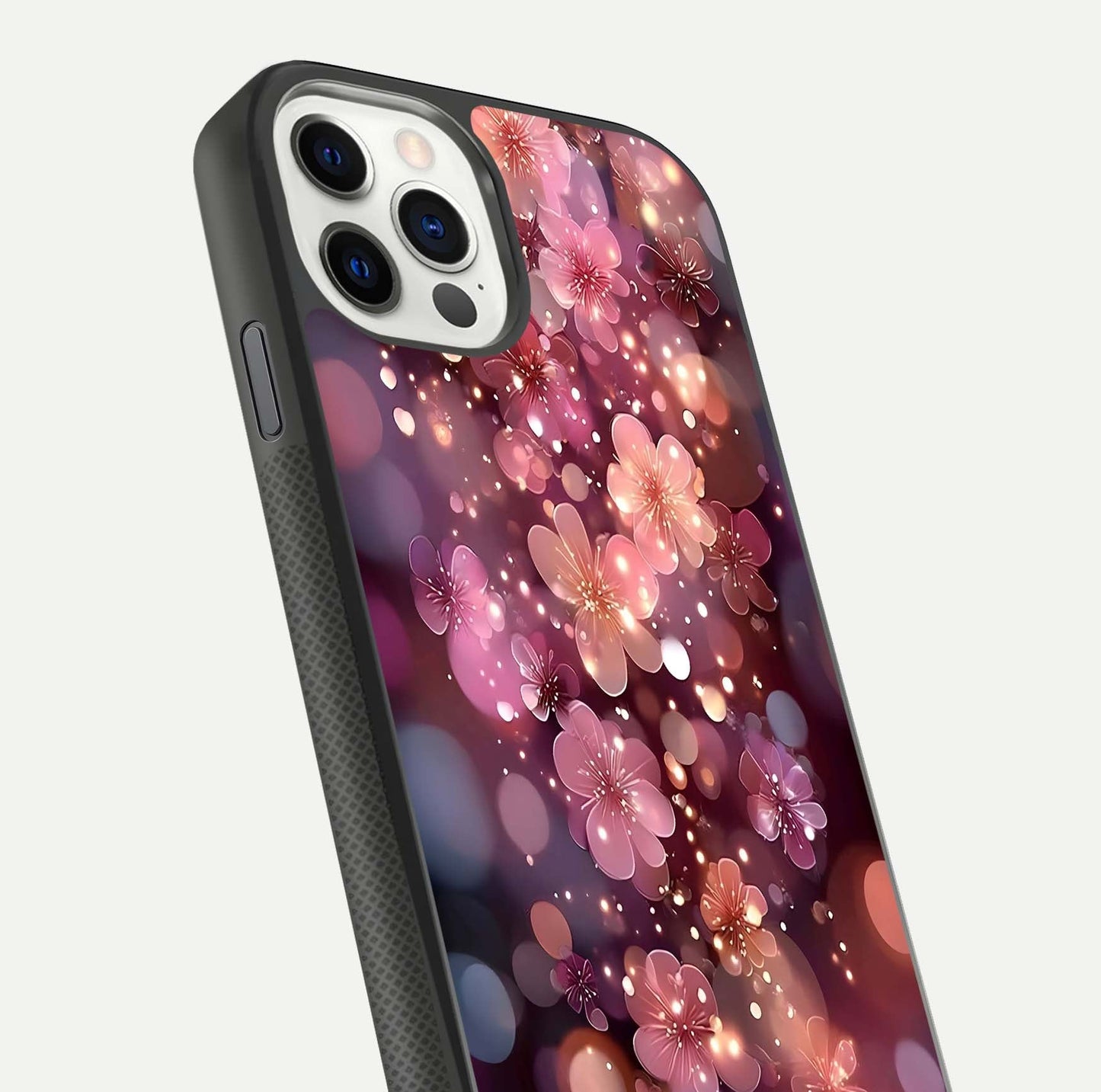 Glowing Petal Bliss Glass Case for iPhone 11 Pro front and back view layout displaying artistic floral design and curved glass