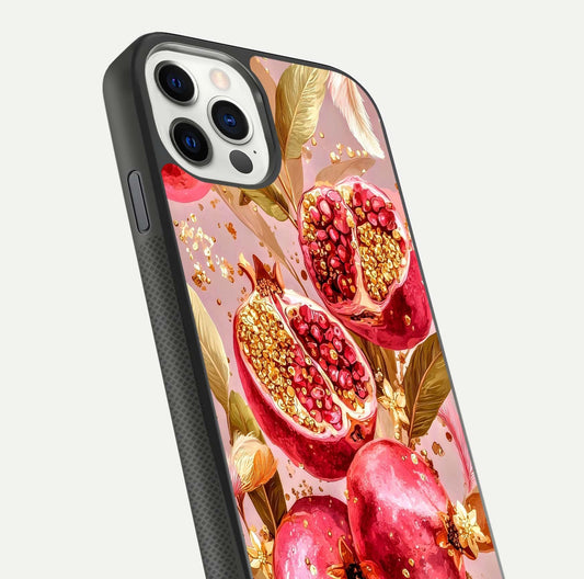 Golden Bloom Glow Glass Case for iPhone 11 Pro front and back view layout highlighting luxury floral pattern and curved edges