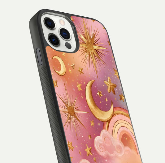 Golden Celestial Dreams Glass Case for iPhone 11 Pro front and back view layout highlighting celestial motifs and smooth curved edge