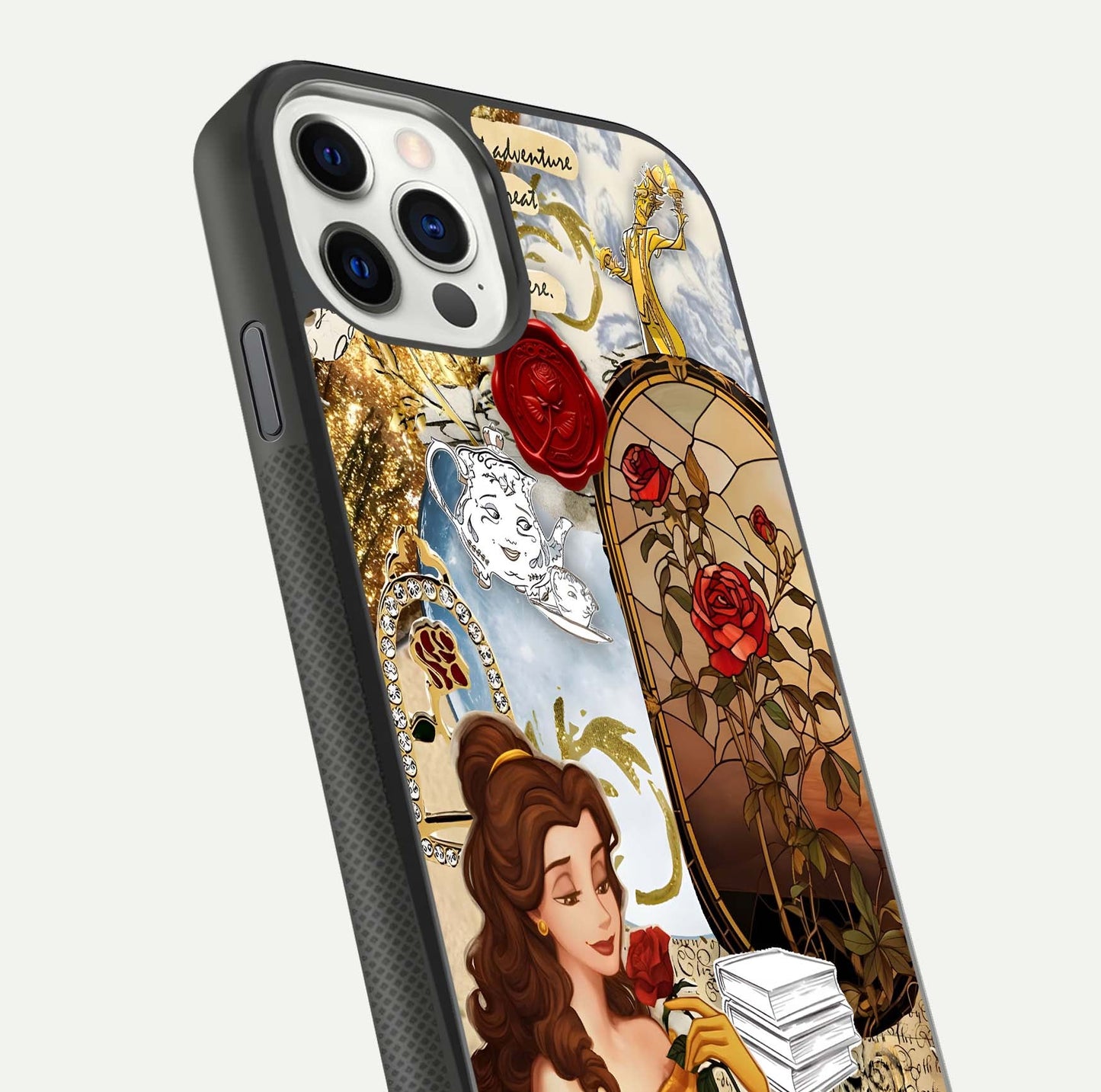 Golden Dream Belle Glass Case for iPhone 11 Pro front and back view layout displaying dreamy golden theme and smooth curvature
