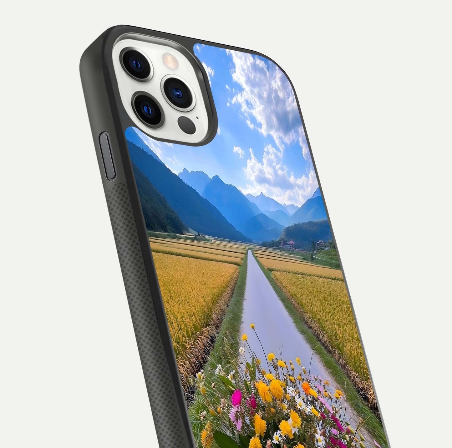 Golden Field Journey Glass Case for iPhone 11 Pro front and back view layout highlighting natural gradient and smooth glass finish