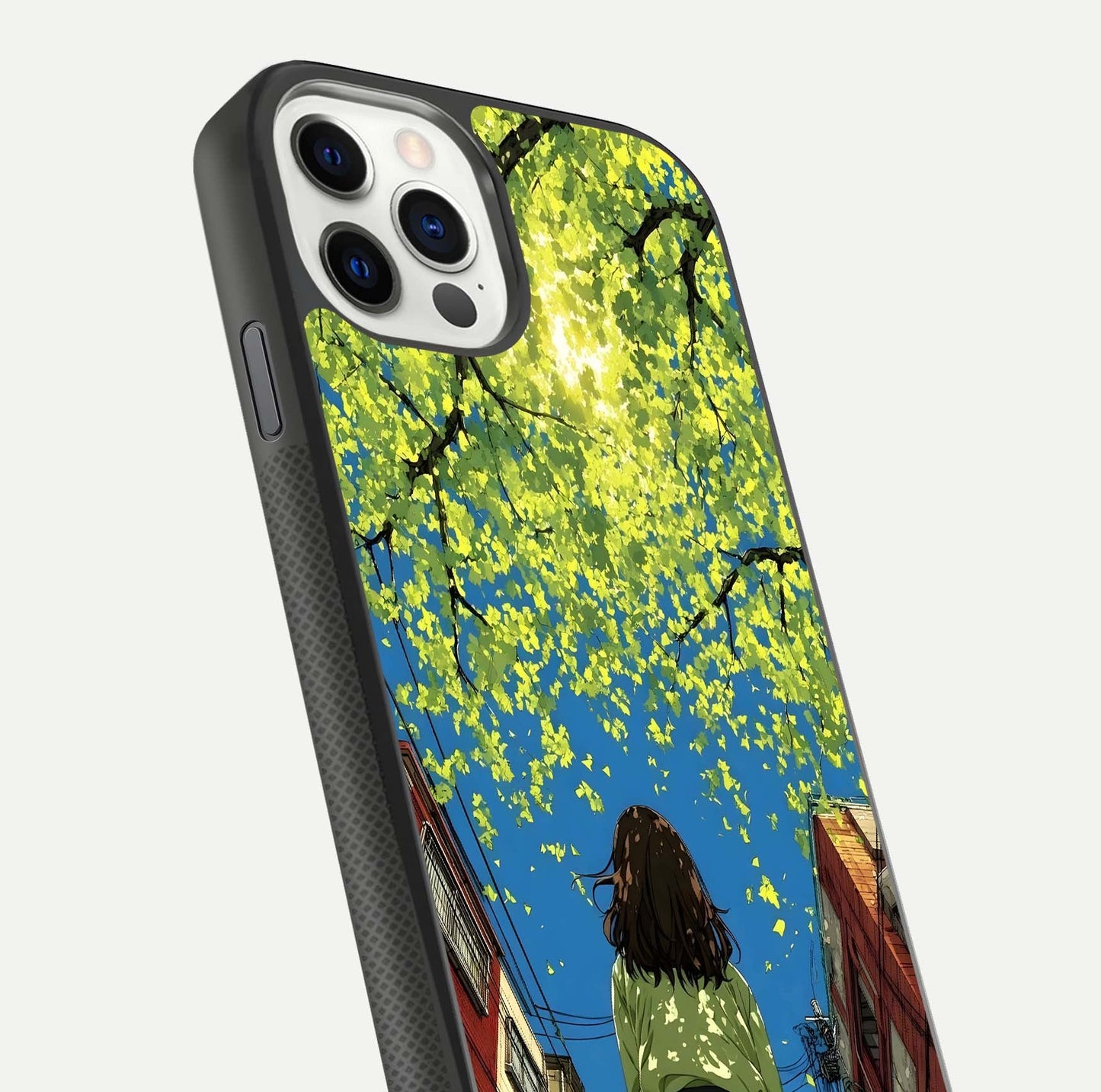 Golden Leaves Glow Glass Case for iPhone 11 Pro front and back view layout highlighting glowing tones and curved edges