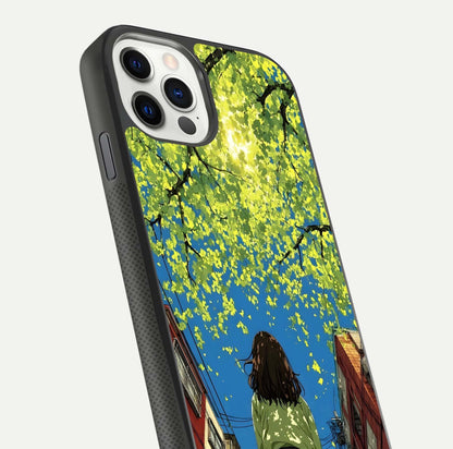 Golden Leaves Glow Glass Case for iPhone 11 Pro front and back view layout highlighting glowing tones and curved edges