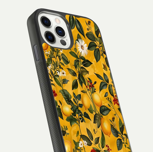 Golden Lemon Field Glass Case for iPhone 11 Pro front and back view layout highlighting fruity tones and curved glass edges