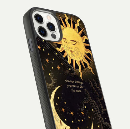 Golden Lunar Love Glass Case for iPhone 11 Pro front and back view layout highlighting celestial tones and curved edges