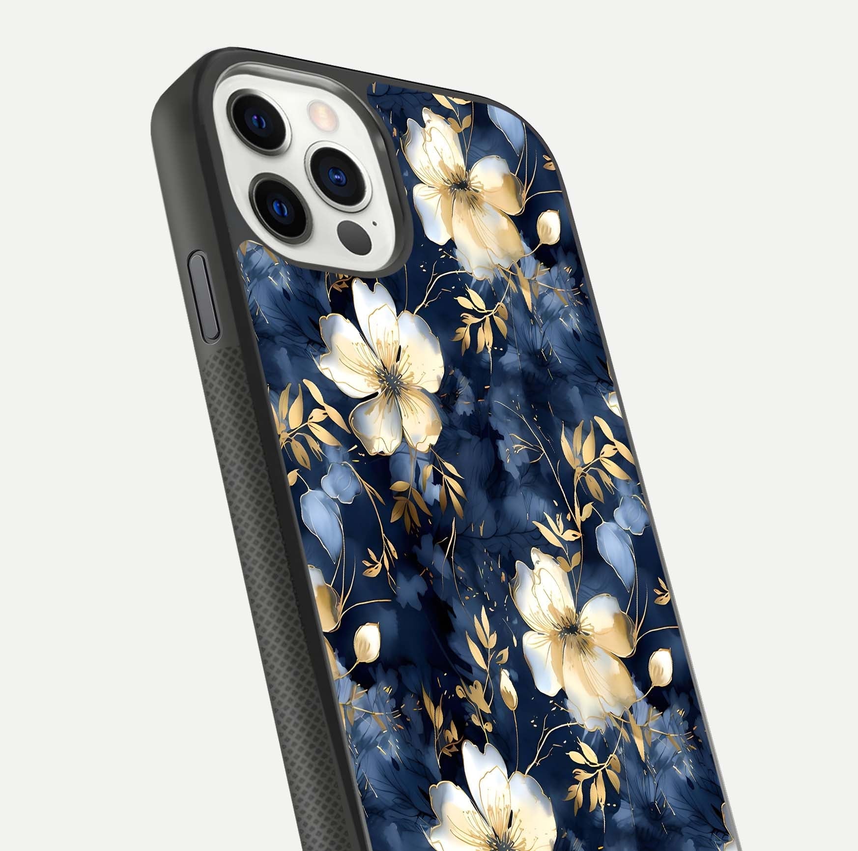 Golden Midnight Bloom Glass Case for iPhone 11 Pro front and back view layout highlighting dark-gold tones and smooth curves