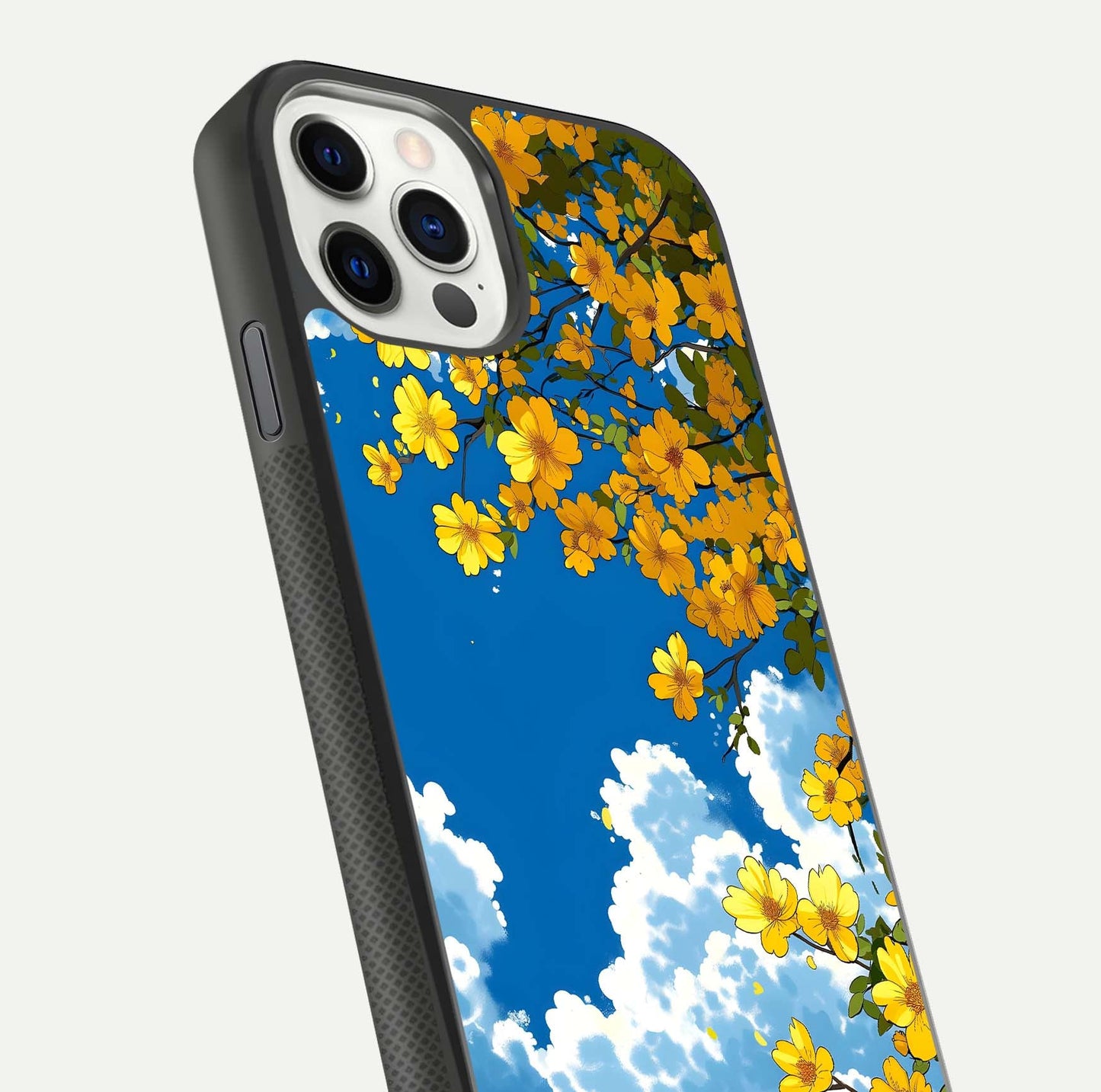 Golden Petal Sky Glass Case for iPhone 11 Pro front and back view layout highlighting floral pattern and curved glass edges